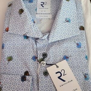R2 Amsterdam Light Blue Floral-Accent Button Down Shirt
